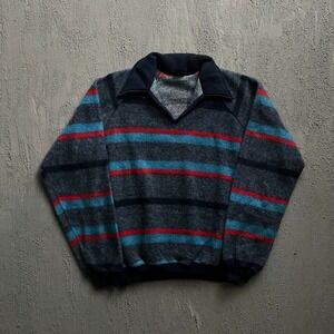 Vintage JCPenney Sweater Large Blue 1970s Striped Knit V-Neck Collared